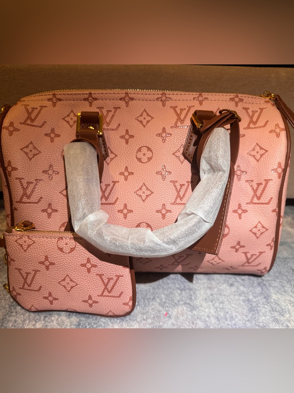 INSPIRED Blush Pink Monogram Tote with Brown Trim - Picture 2 of 10
